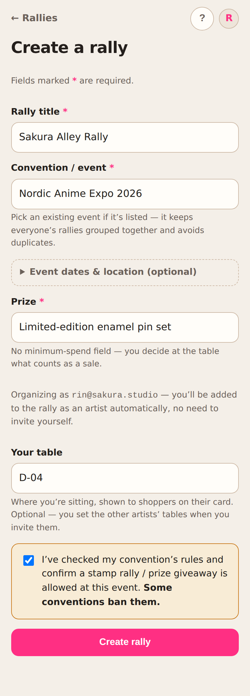 Create-a-rally screen with the rally title, convention, prize, the organizer's table, and the convention-rules acknowledgment ticked