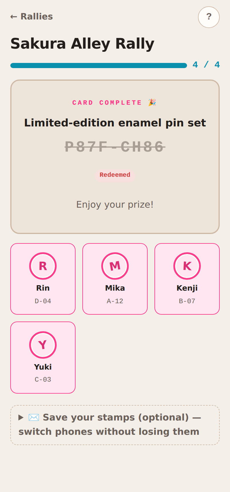 Shopper's card flipped to a 'Redeemed' state after the artist scanned the reward code